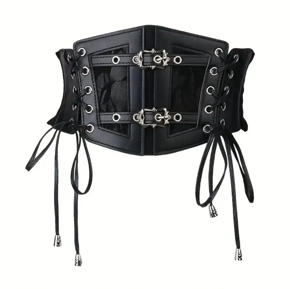 Black Lace-Up Gothic Punk Broad Elastic Waistband Corset Belt
